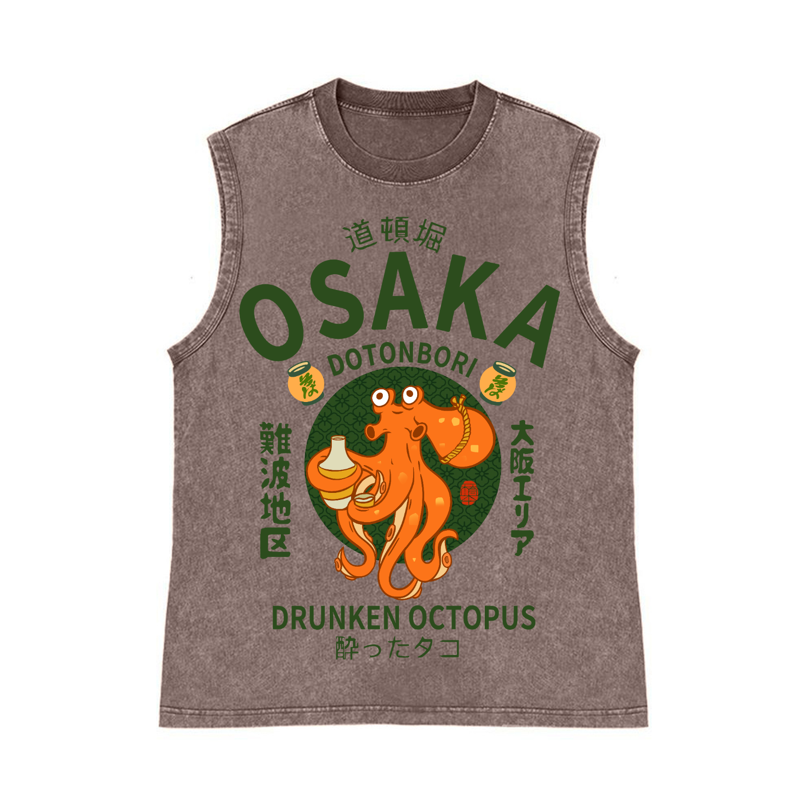 Osaka Dotonbori Drunken Octopus Pure Cotton Wash-Dyed Sleeveless Tank Top