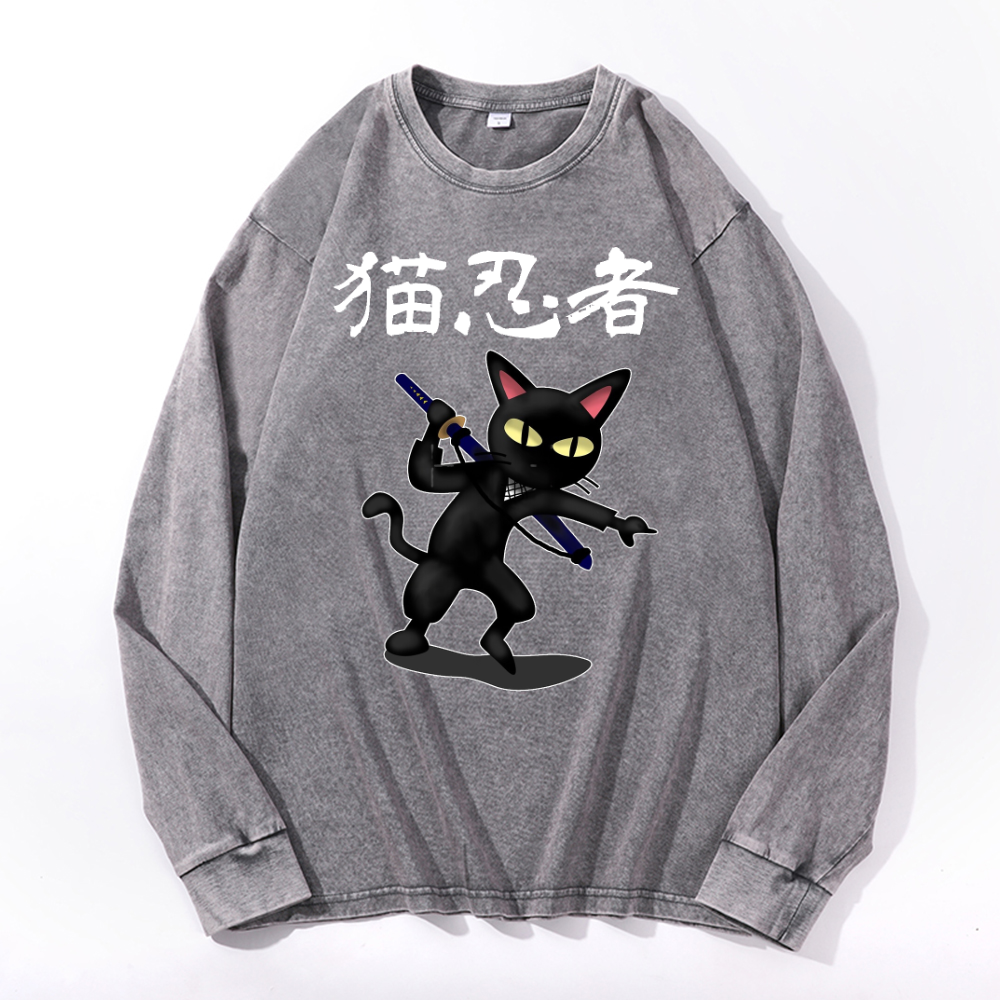 Cat Ninja Vintage Cotton Wash Crewneck Long-Sleeve T-Shirt