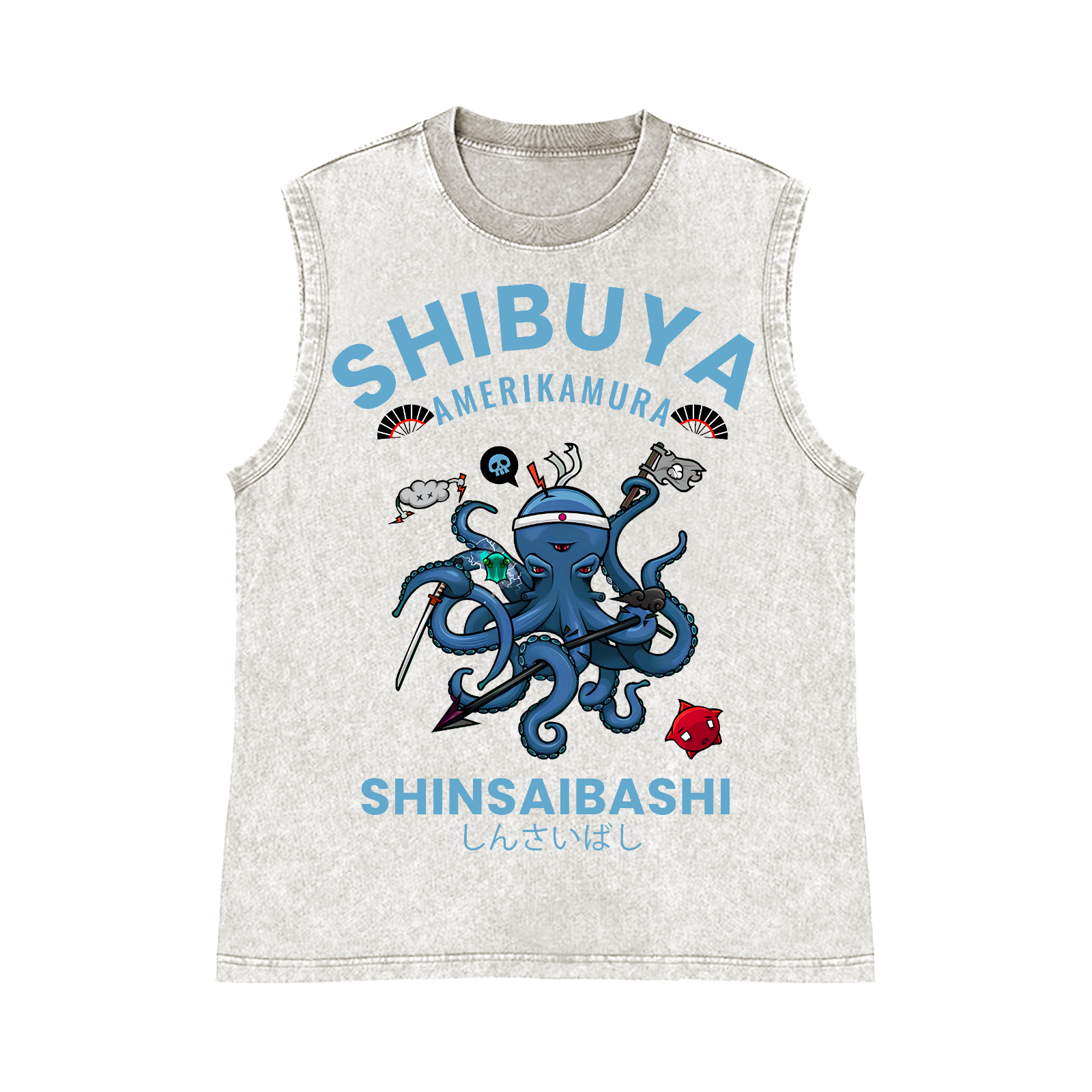 Shibuya Octopus Pure Cotton Wash-Dyed Sleeveless Tank Top