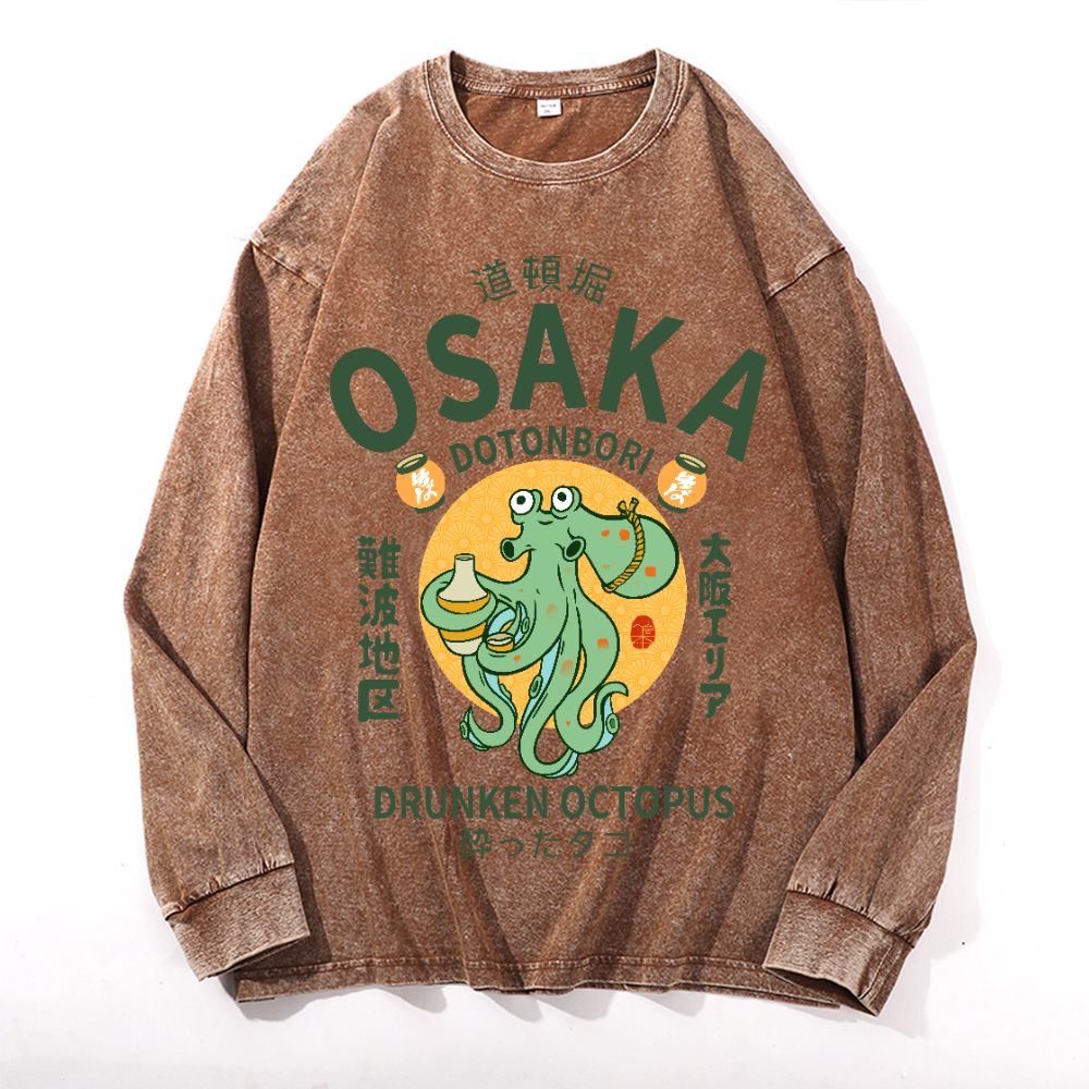 Osaka Dotonbori Drunken Octopus Vintage Cotton Wash Crewneck Long-Sleeve T-Shirt