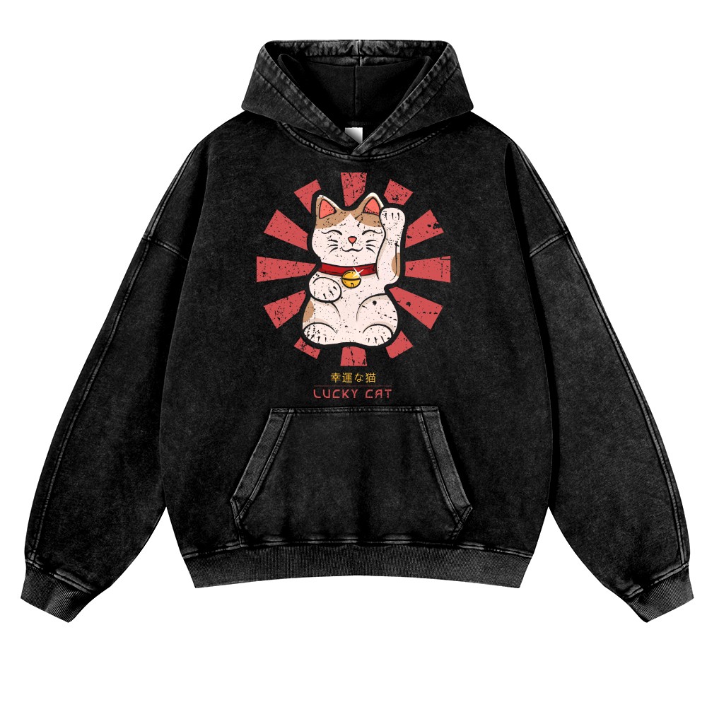Lucky Cat Vintage Washed Thick Cotton Hoodie