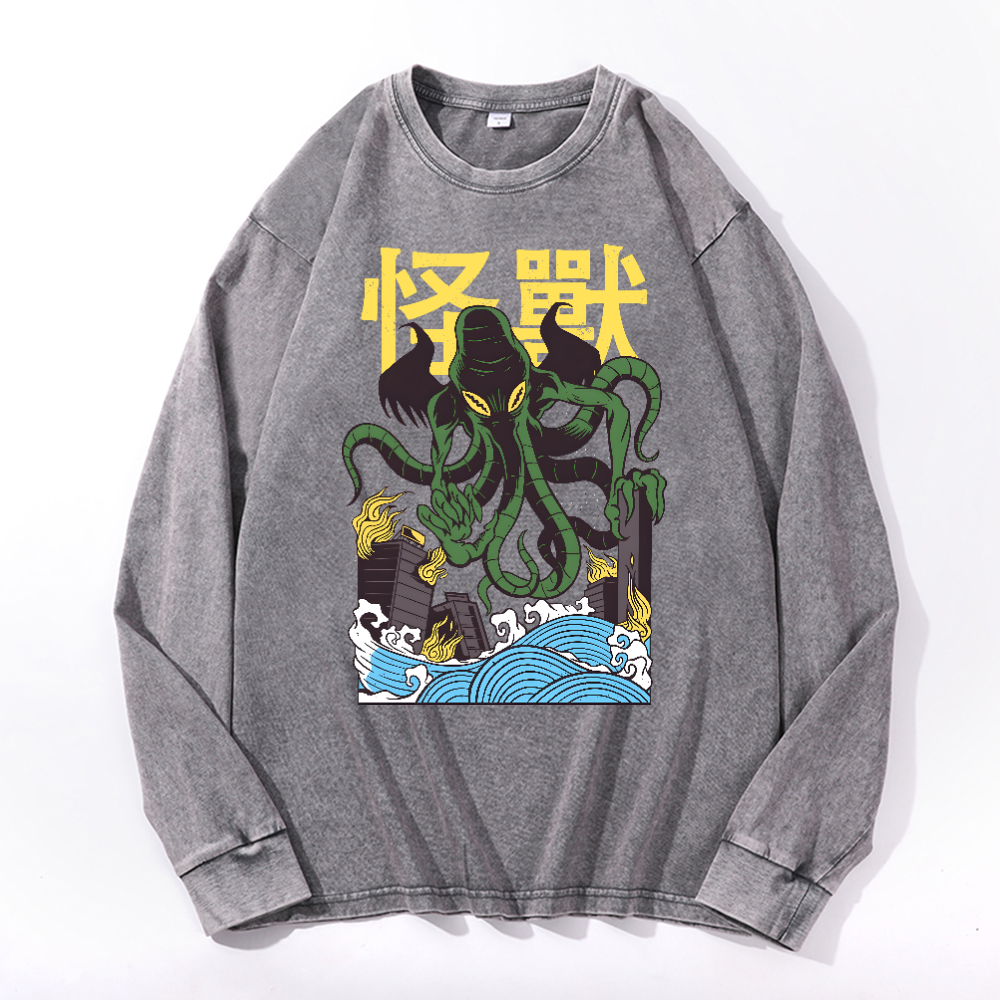 Octopus Monster Vintage Cotton Wash Crewneck Long-Sleeve T-Shirt