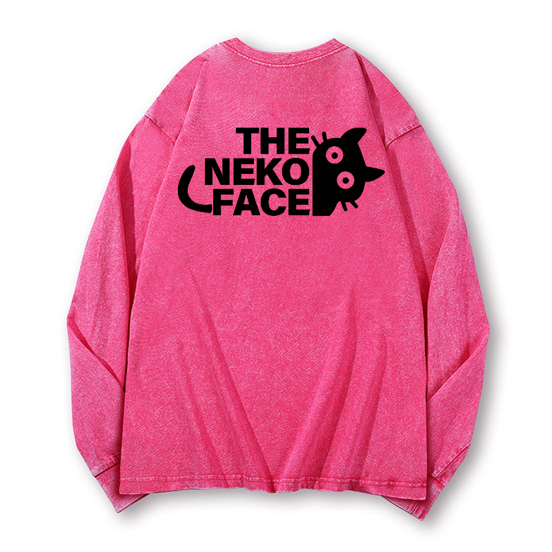 The Neko Face Vintage Washed Cotton Back Art Long-sleeve T-shirt