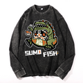 Sumo Fish Daruma Sushi Vintage Cotton Wash Crewneck Long-Sleeve T-Shirt
