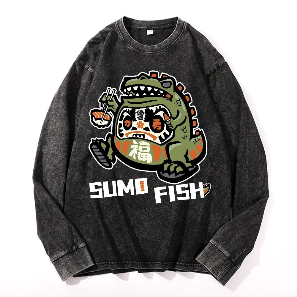 Sumo Fish Daruma Sushi Vintage Cotton Wash Crewneck Long-Sleeve T-Shirt
