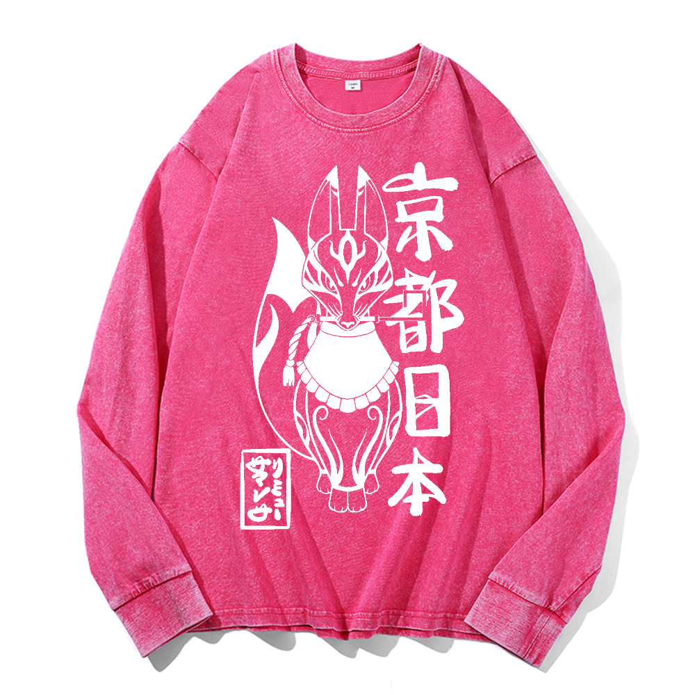 Kyoto Kitsune Vintage Cotton Wash Crewneck Long-Sleeve T-Shirt