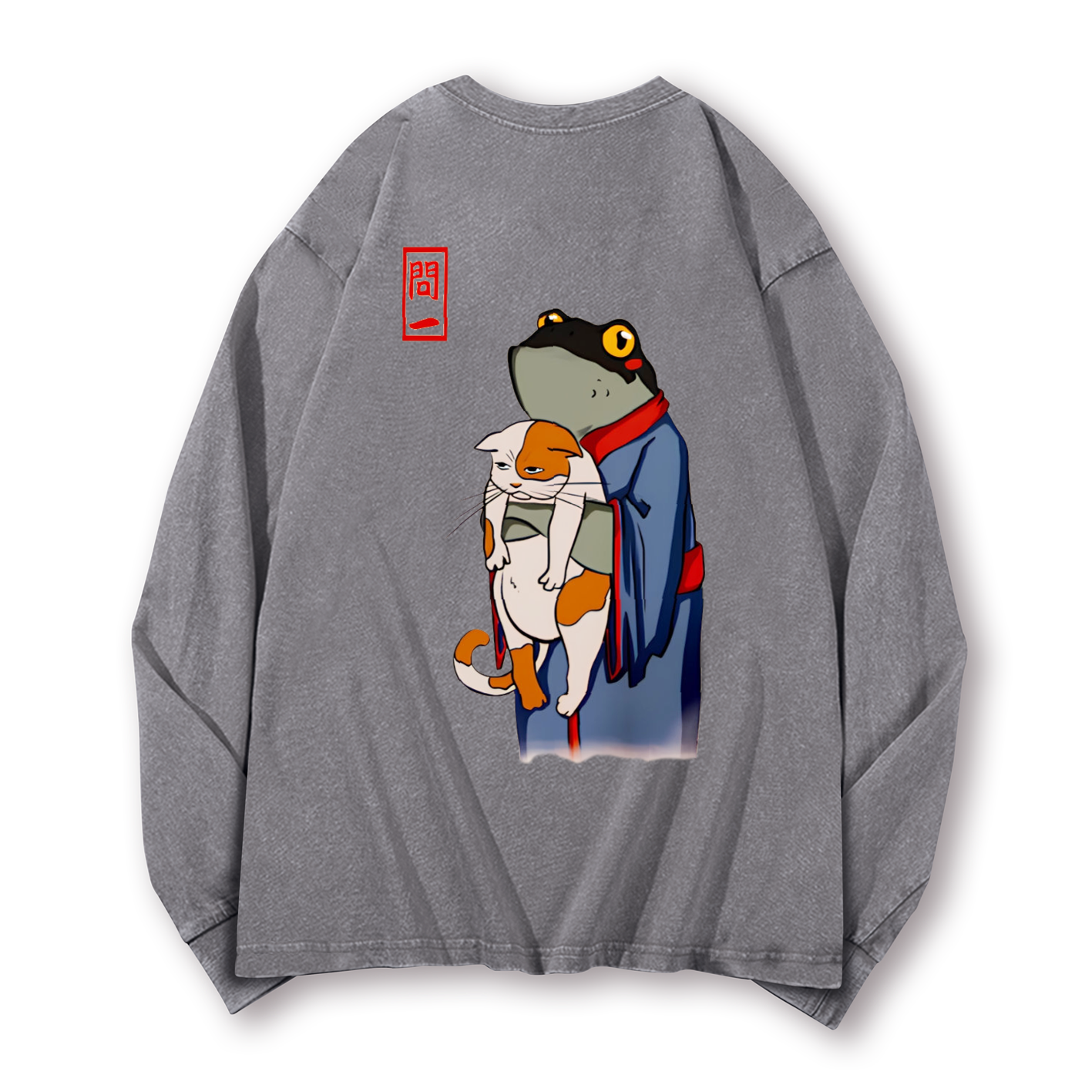 Frog and Cat Vintage Washed Cotton Back Art Long-sleeve T-shirt