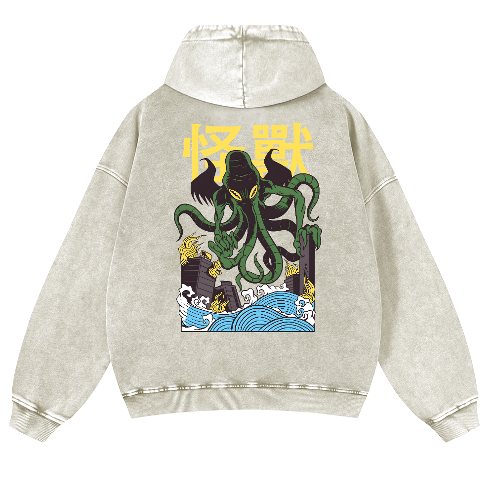 Octopus Monster Vintage Washed Cotton Back Art Hoodie