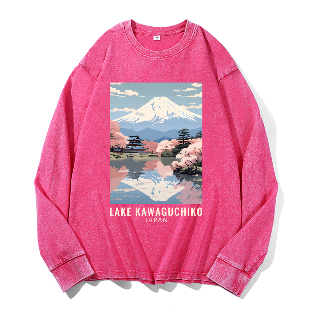 Lake Kawaguchiko Vintage Cotton Wash Crewneck Long-Sleeve T-Shirt