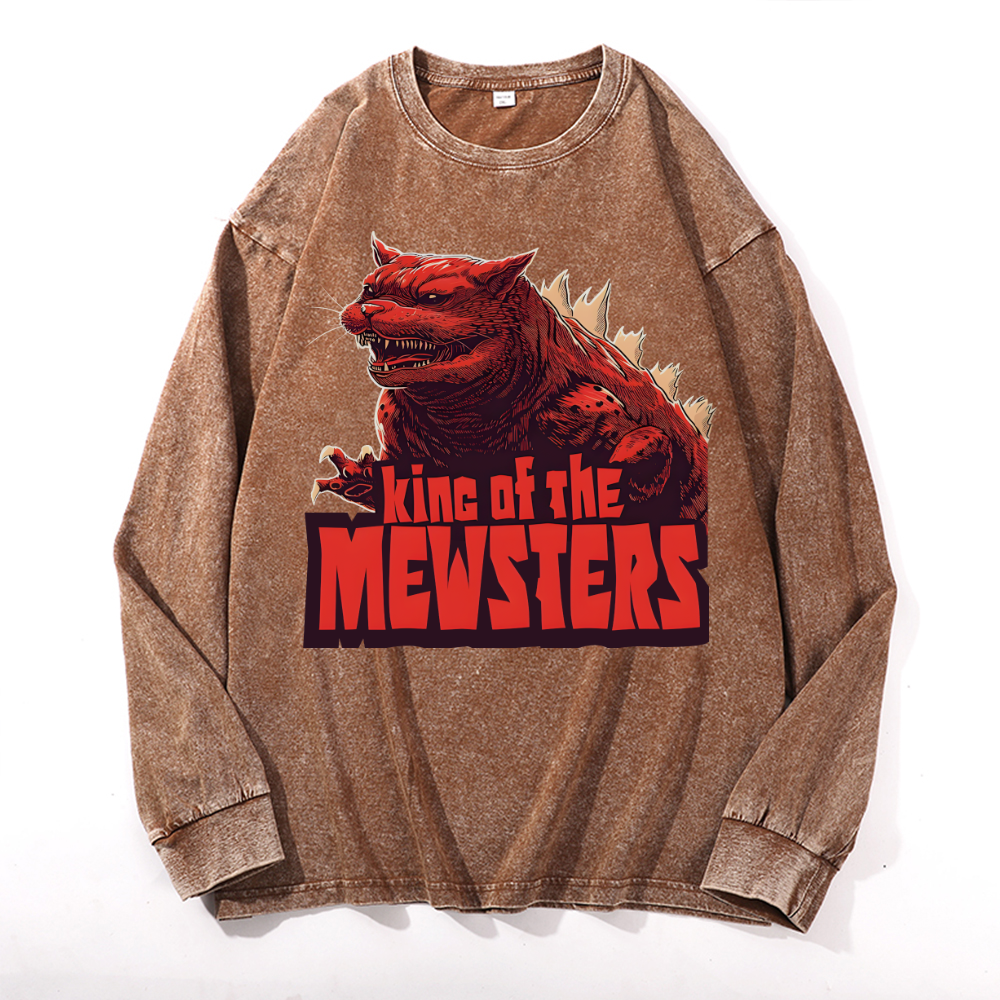 Catzilla Cat Kaiju Vintage Cotton Wash Crewneck Long-Sleeve T-Shirt