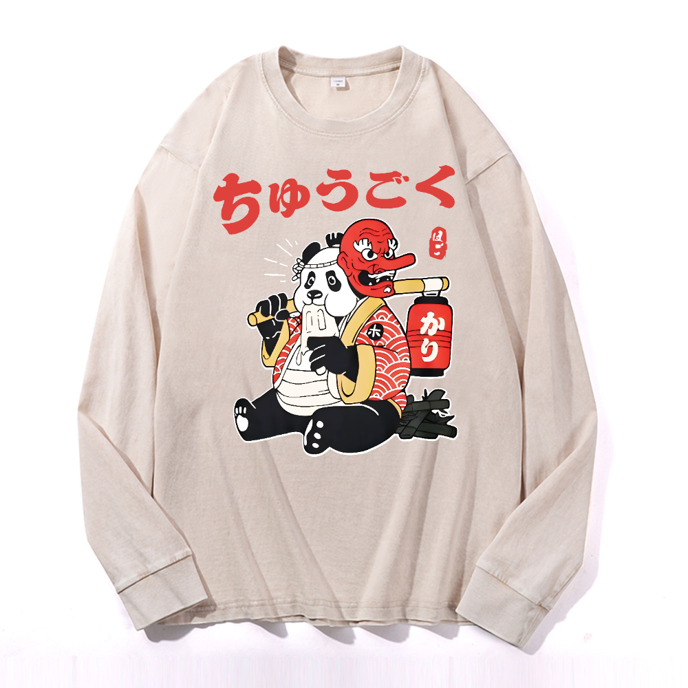 Panda Vintage Cotton Wash Crewneck Long-Sleeve T-Shirt