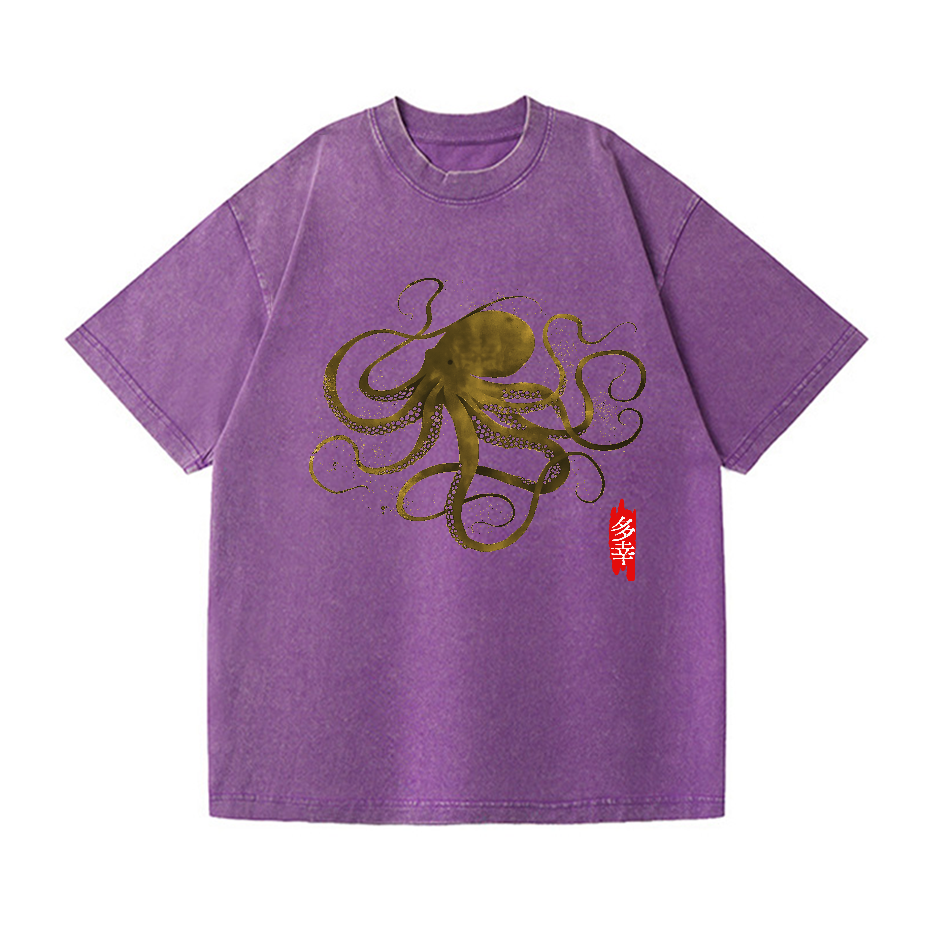 Octopus Calligraphy Vintage Wash Japanese Design T-Shirt