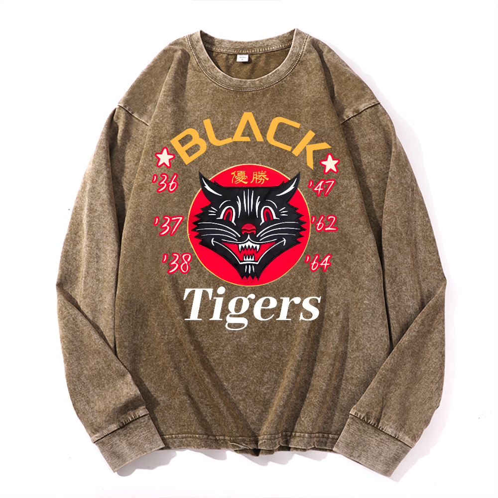 Black Tigers Vintage Cotton Wash Crewneck Long-Sleeve T-Shirt