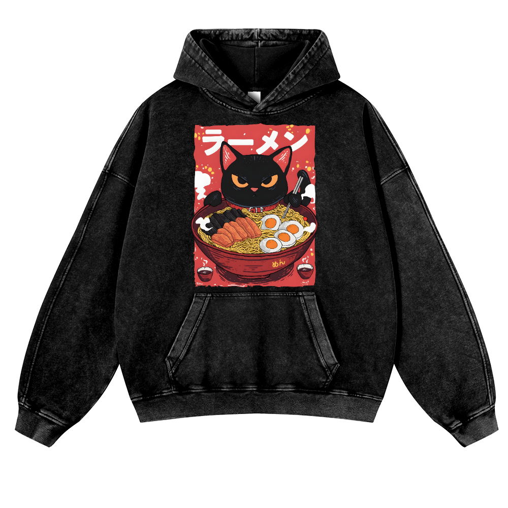 Cat Ramen Vintage Washed Thick Cotton Hoodie
