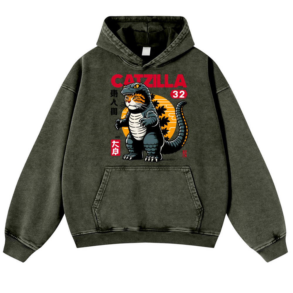 Catzilla Cat Kaiju Vintage Washed Thick Cotton Hoodie