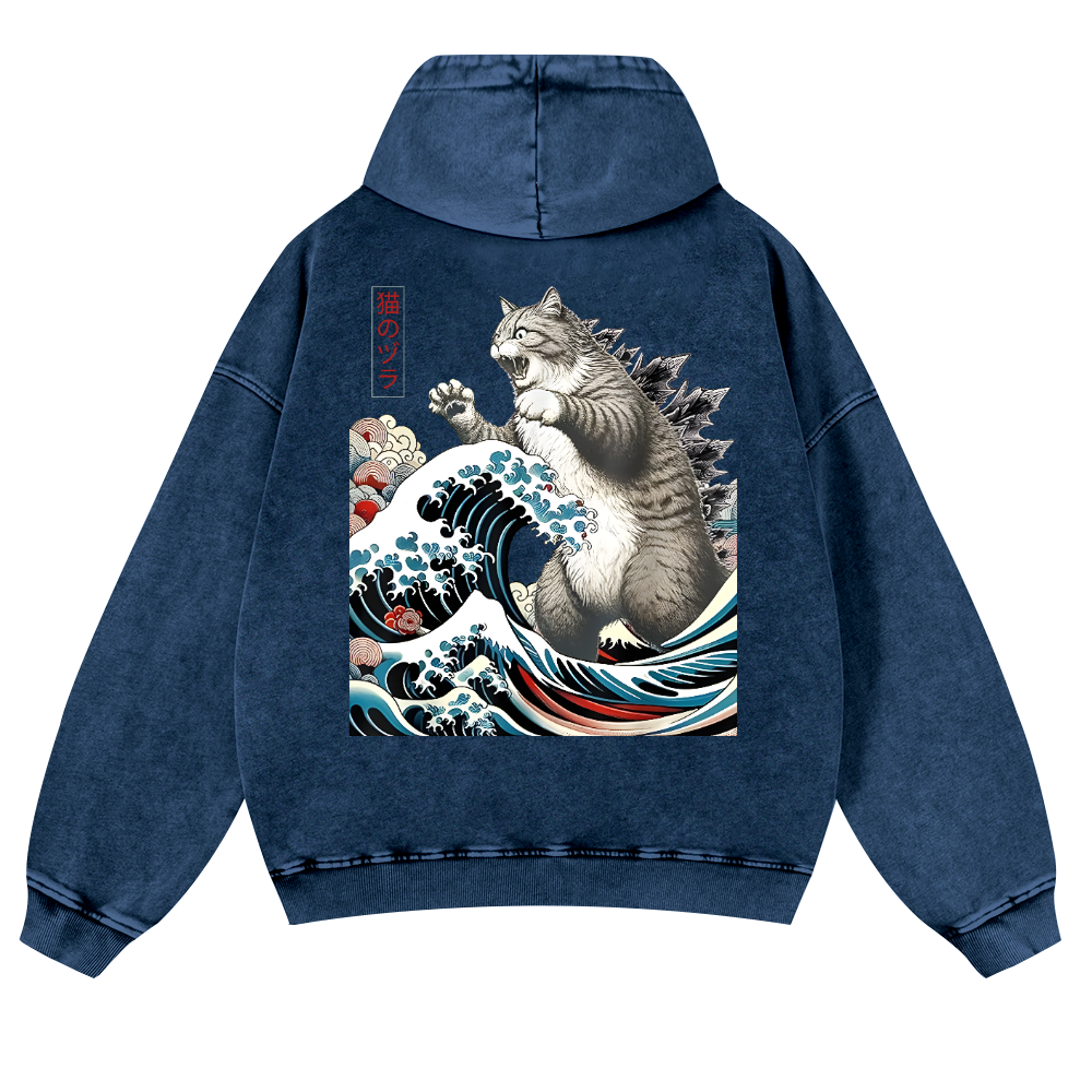 Cat Kaiju Ukiyoe Great Wave Vintage Washed Cotton Back Art Hoodie