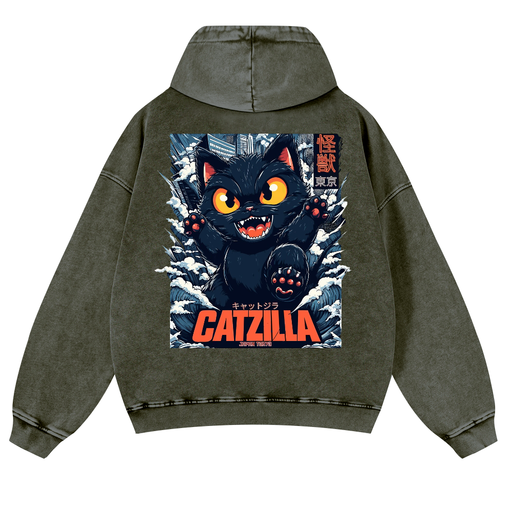 Catzilla Cat Kaiju Vintage Washed Cotton Back Art Hoodie