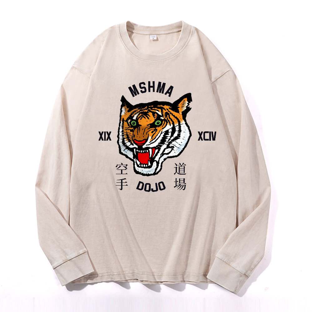MSHMA Dojo Tiger Vintage Cotton Wash Crewneck Long-Sleeve T-Shirt