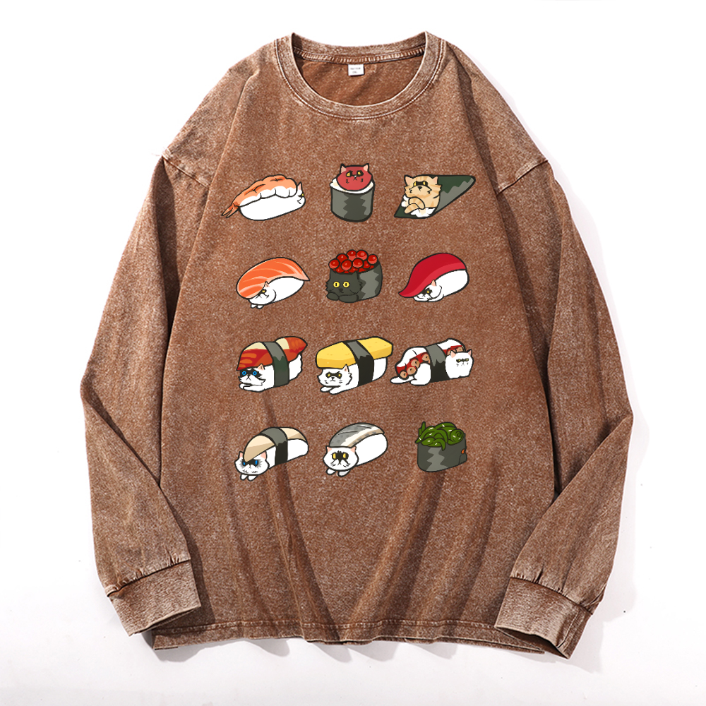 Sushi Cat Vintage Cotton Wash Crewneck Long-Sleeve T-Shirt