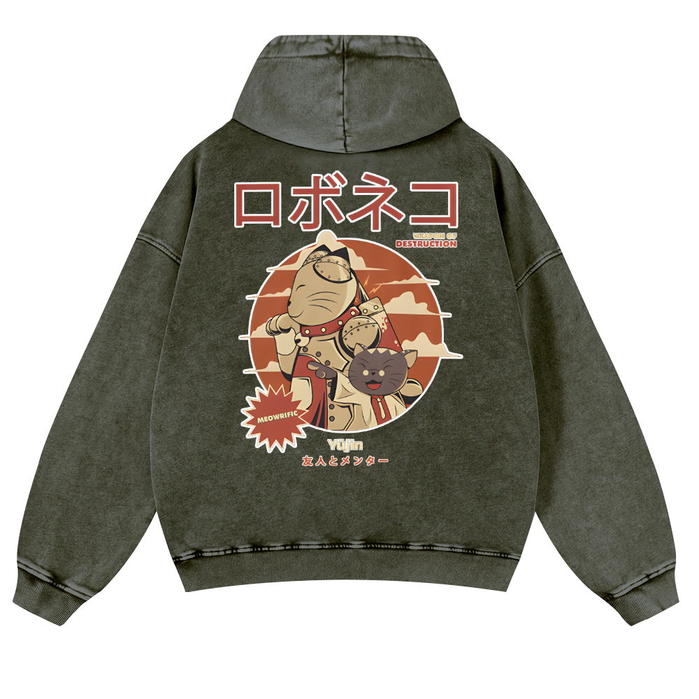 Cat Anime Vintage Washed Cotton Back Art Hoodie