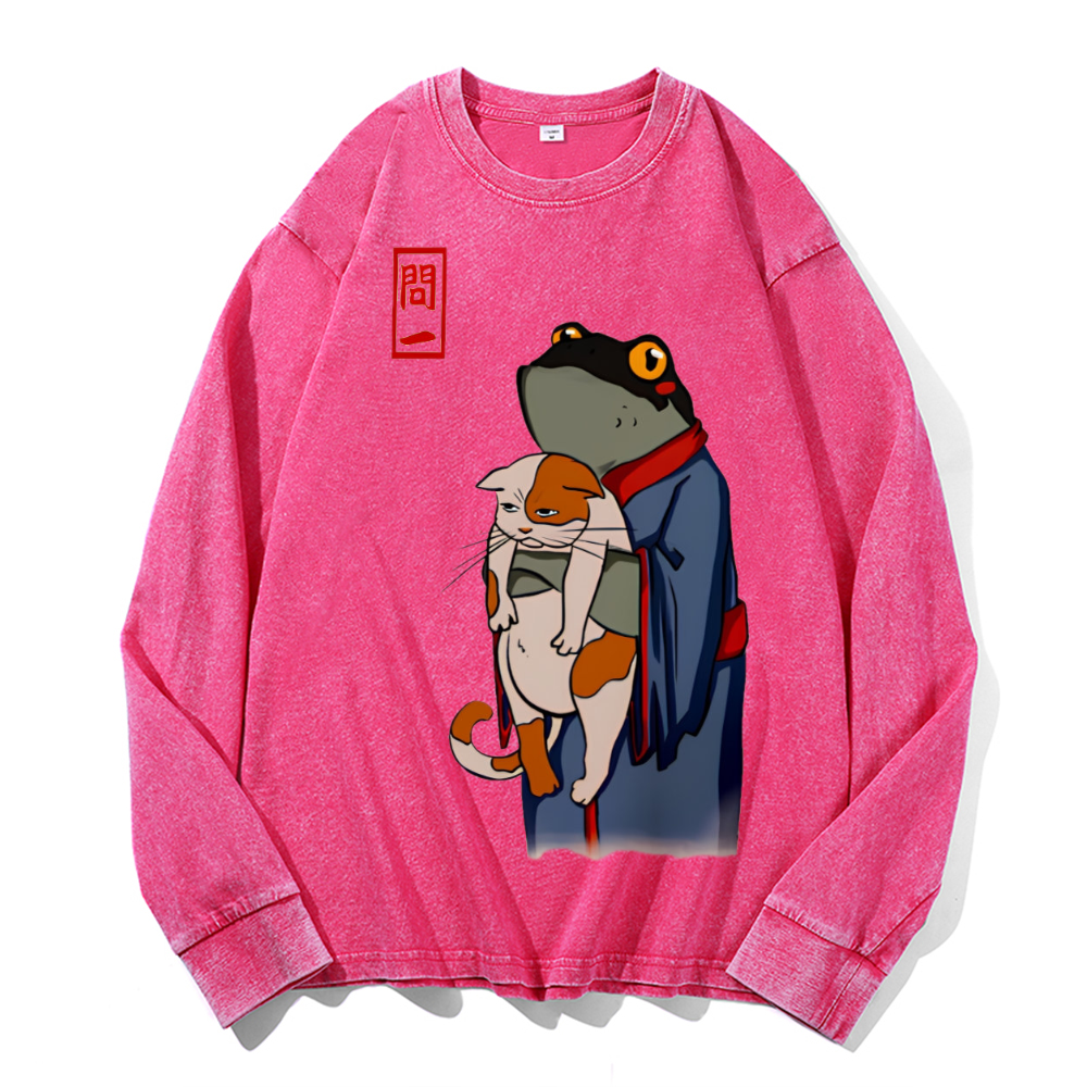 Frog Cat Vintage Cotton Wash Crewneck Long-Sleeve T-Shirt