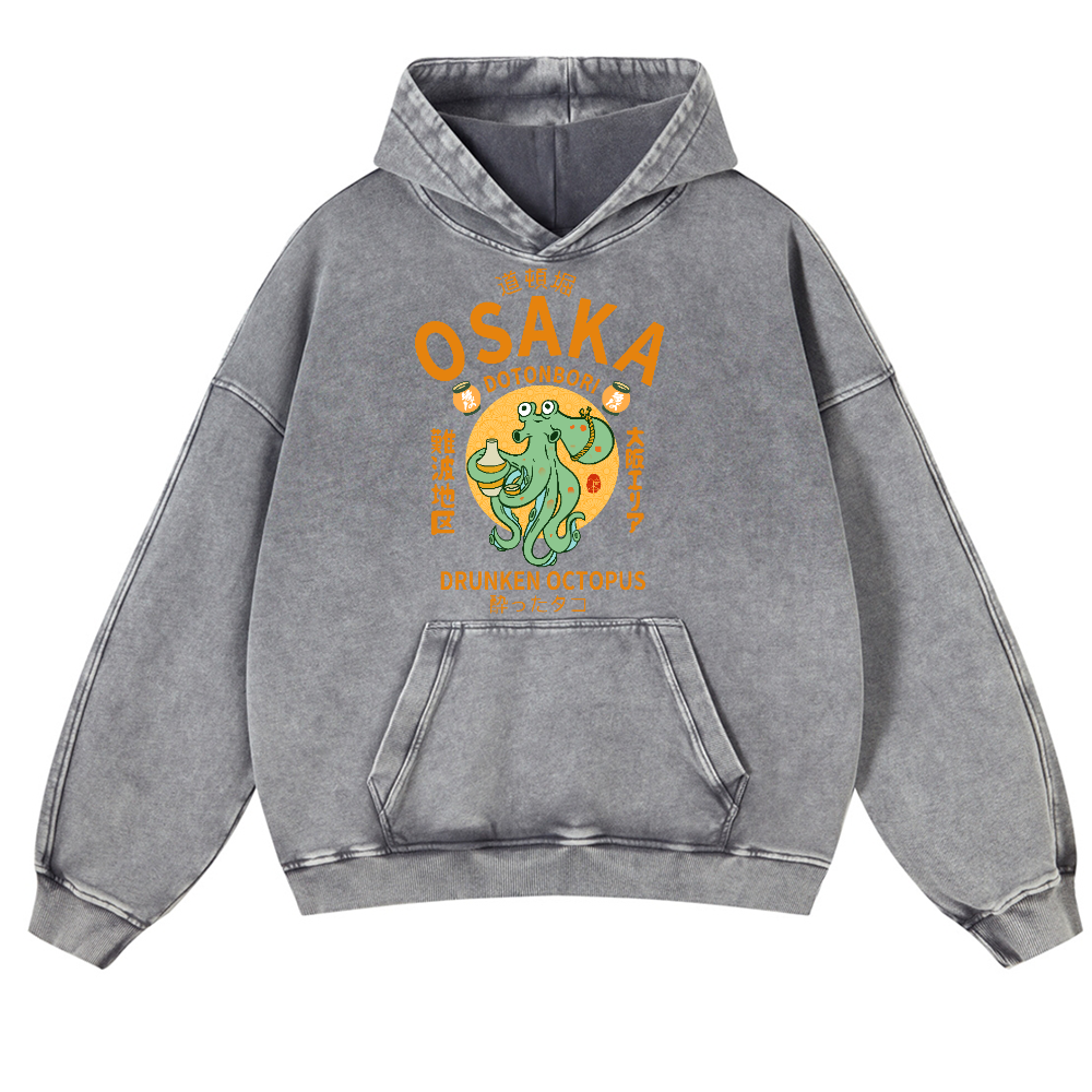 Osaka Dotonbori Drunken Octopus Vintage Washed Thick Cotton Hoodie