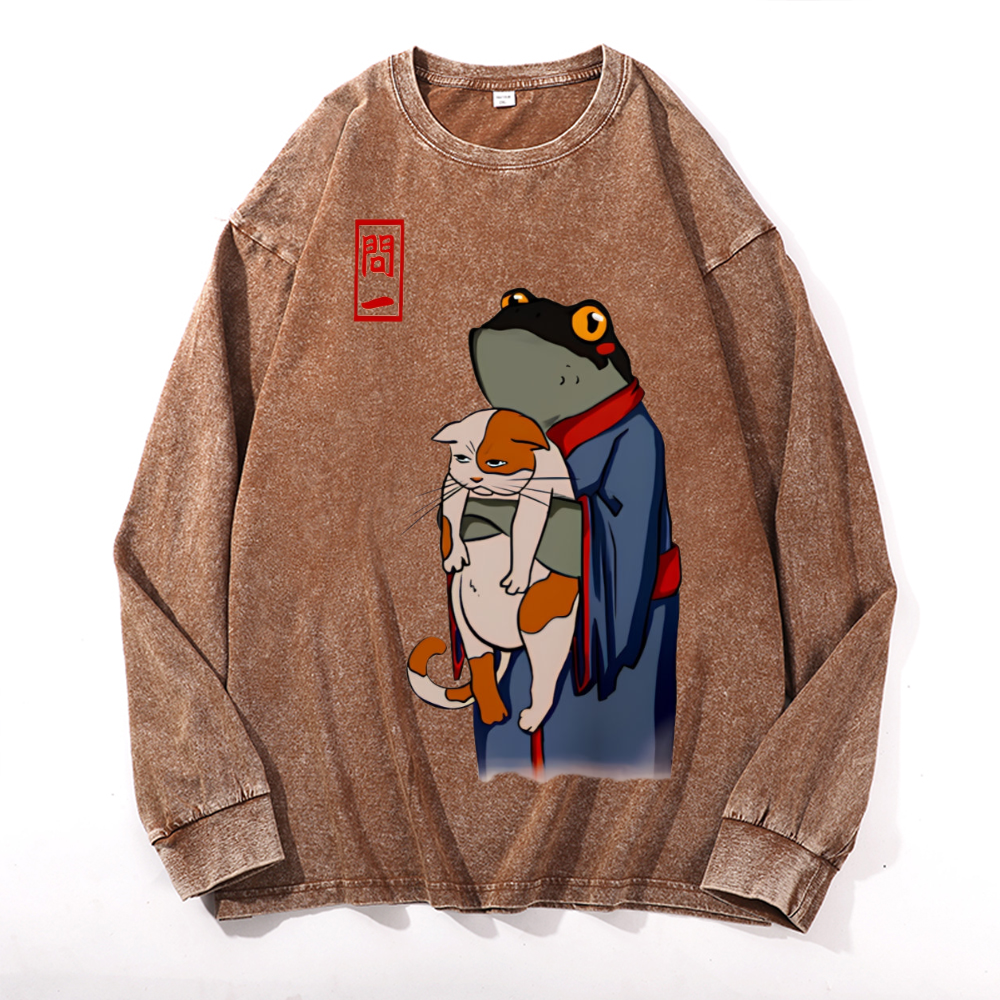Frog Cat Vintage Cotton Wash Crewneck Long-Sleeve T-Shirt