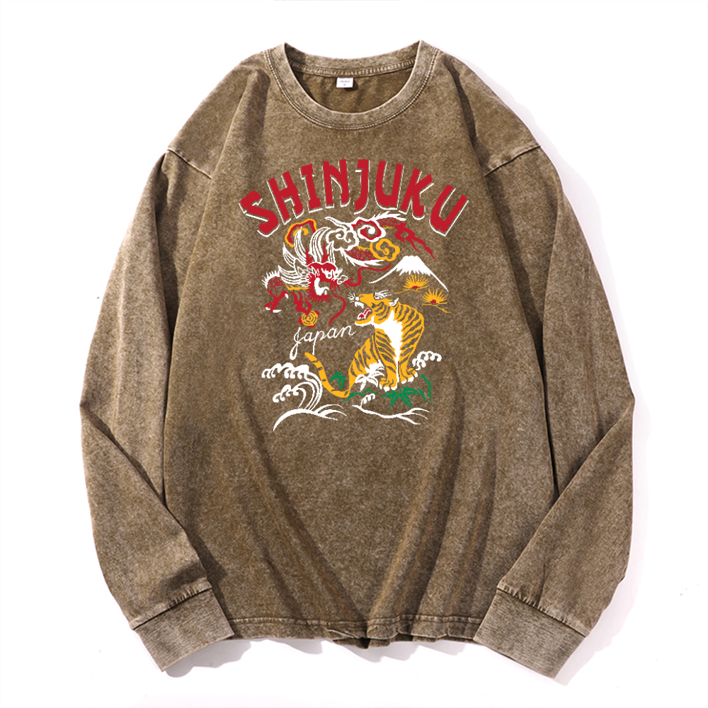 Shinjuku Tiger Vintage Cotton Wash Crewneck Long-Sleeve T-Shirt