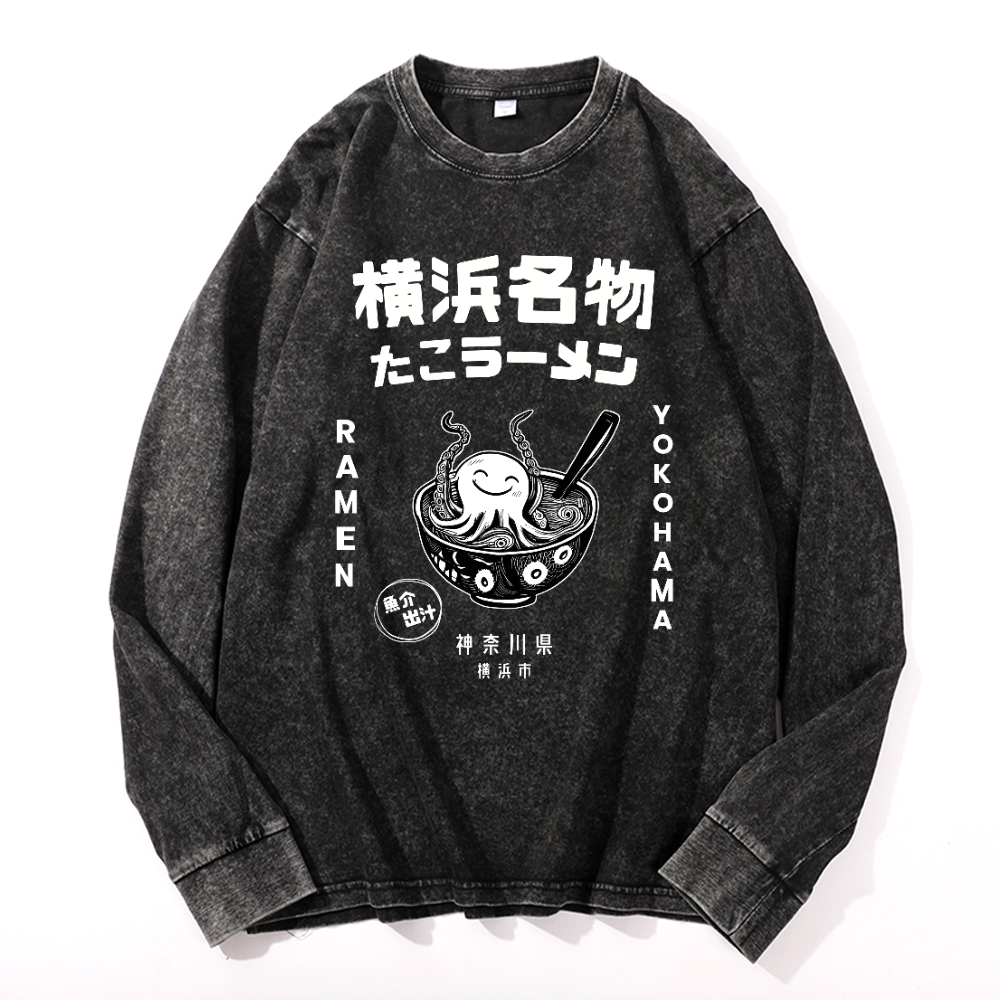 Yokohama Ramen Octopus Vintage Cotton Wash Crewneck Long-Sleeve T-Shirt