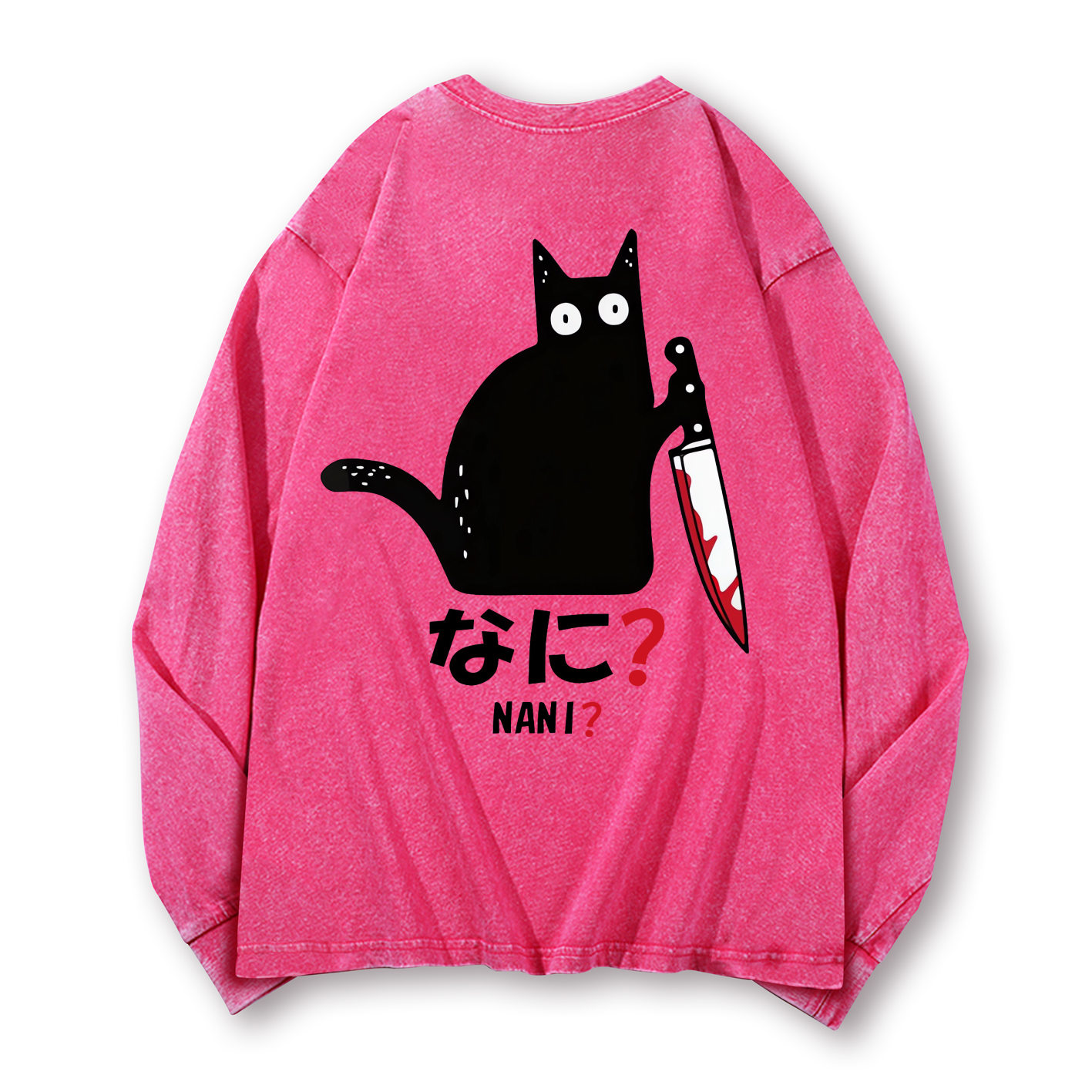 The Black Cat with a Knife Vintage Washed Cotton Back Art Long-sleeve T-shirt