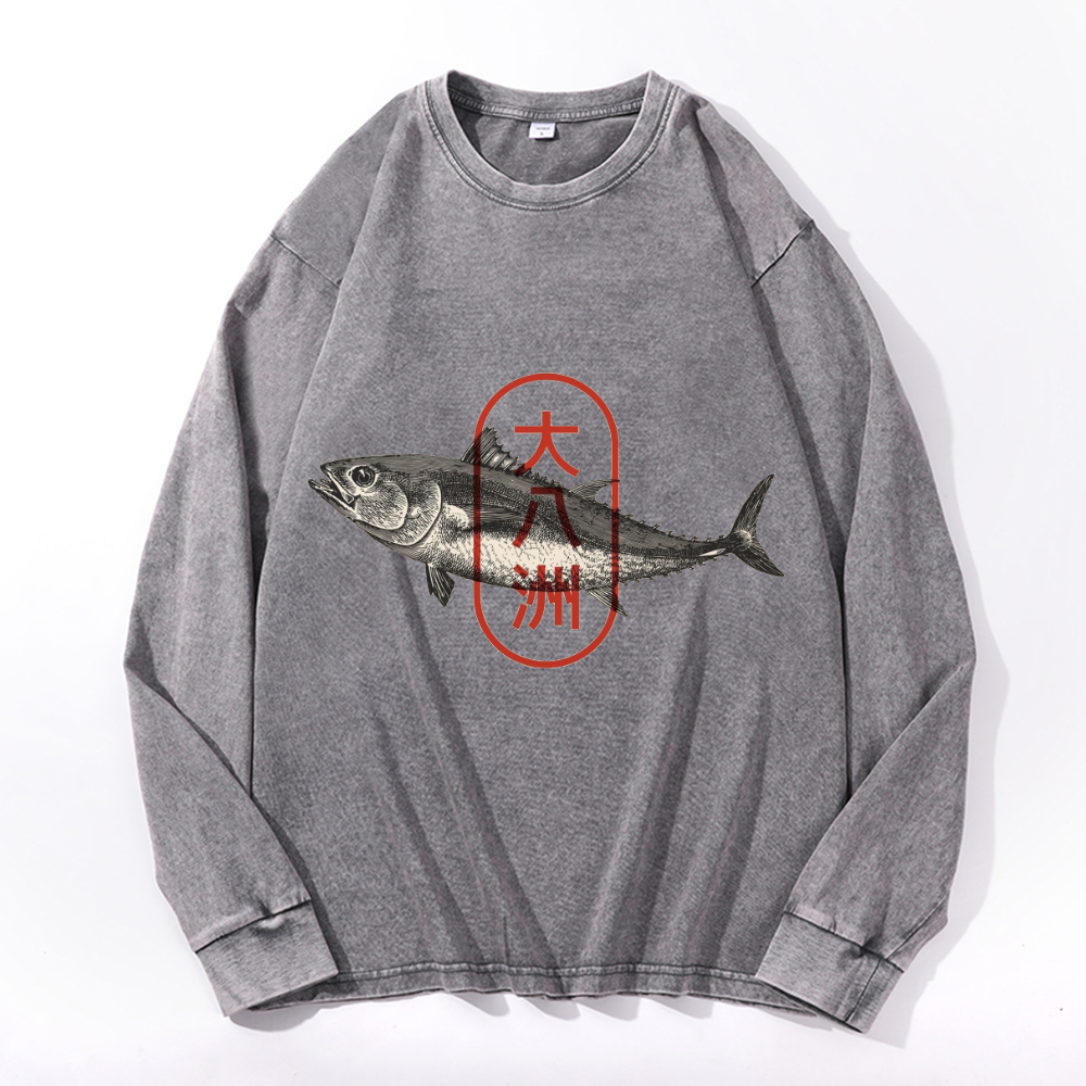 Great Eight Islands of Japan Vintage Cotton Wash Crewneck Long-Sleeve T-Shirt