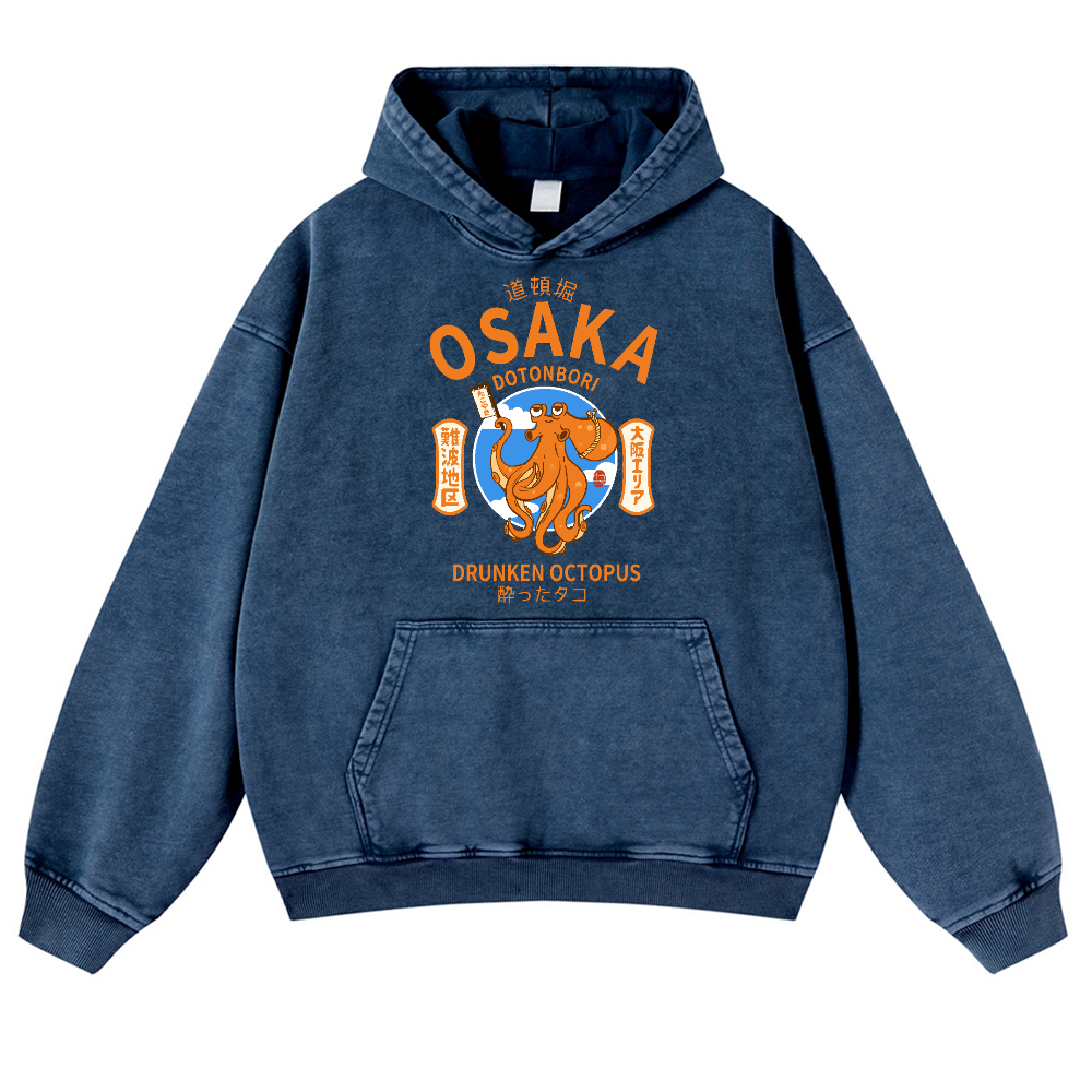 Osaka Dotonbori Drunken Octopus Vintage Washed Thick Cotton Hoodie