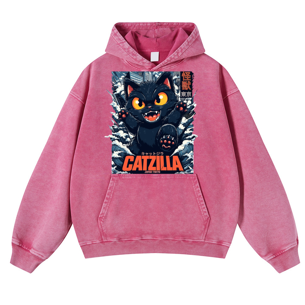 Catzilla Cat Kaiju Vintage Washed Thick Cotton Hoodie