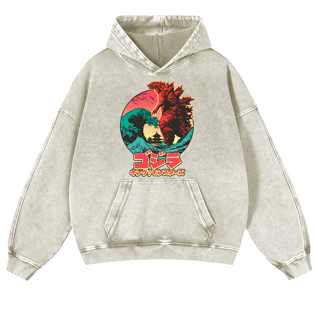 Kaiju Wave Vintage Washed Thick Cotton Hoodie