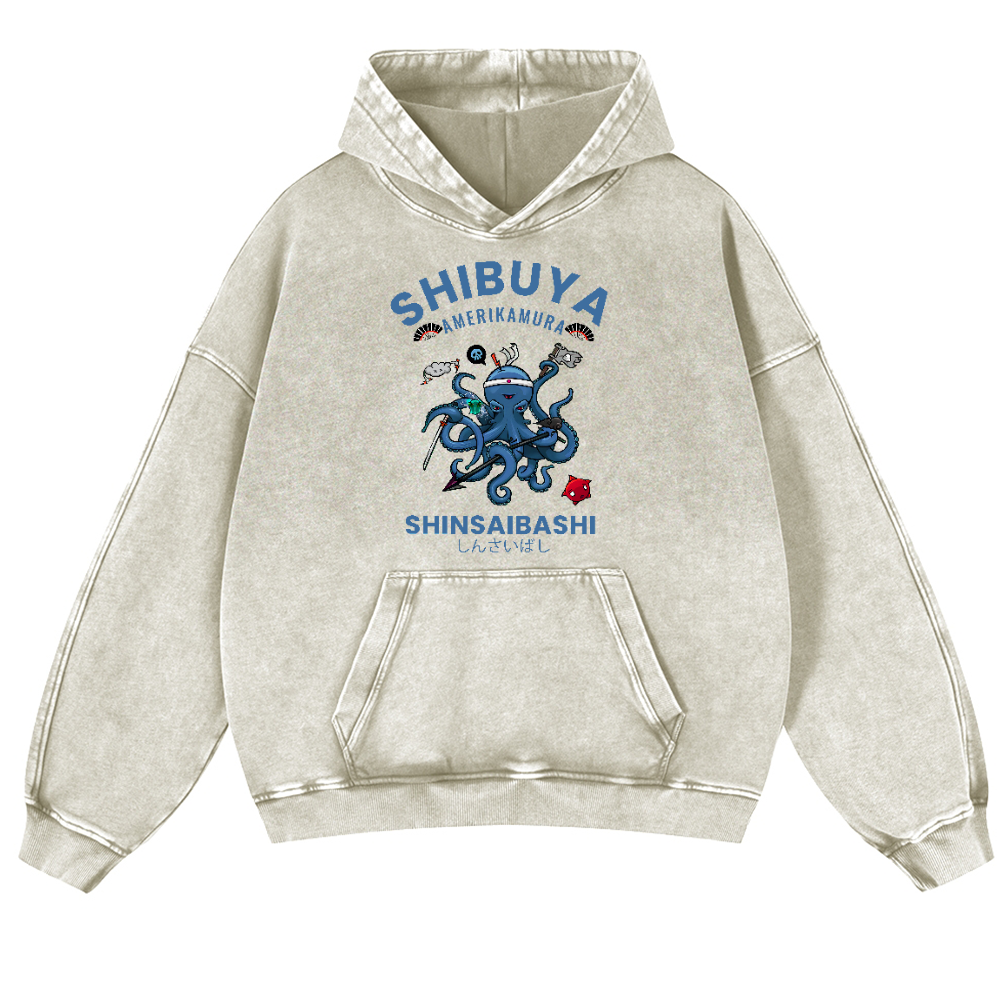 Shibuya Octopus Vintage Washed Thick Cotton Hoodie