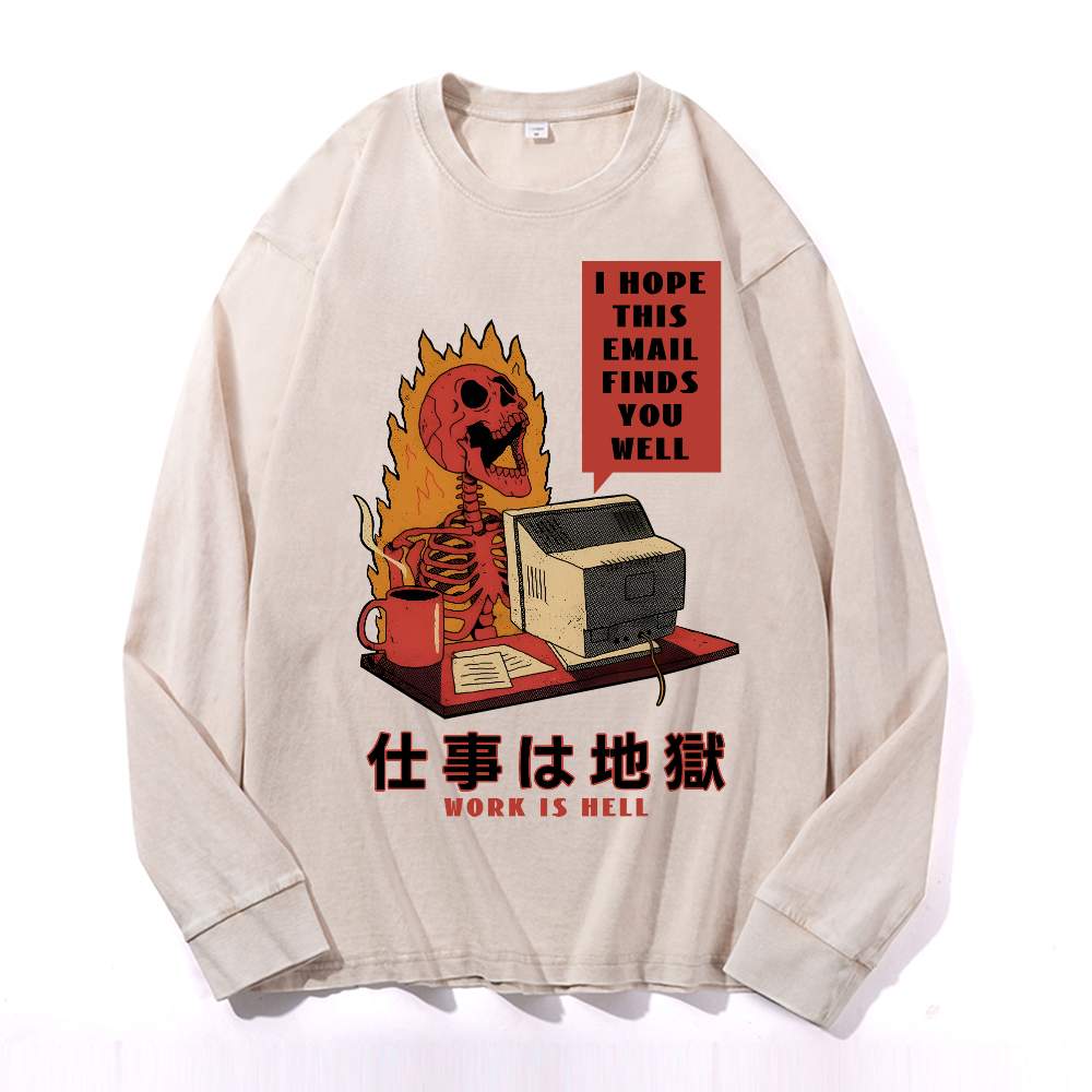 Skull Work Is Hell Vintage Cotton Wash Long-sleeve T-shirt