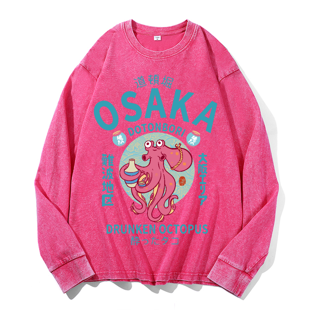 Osaka Dotonbori Drunken Octopus Vintage Cotton Wash Crewneck Long-Sleeve T-Shirt
