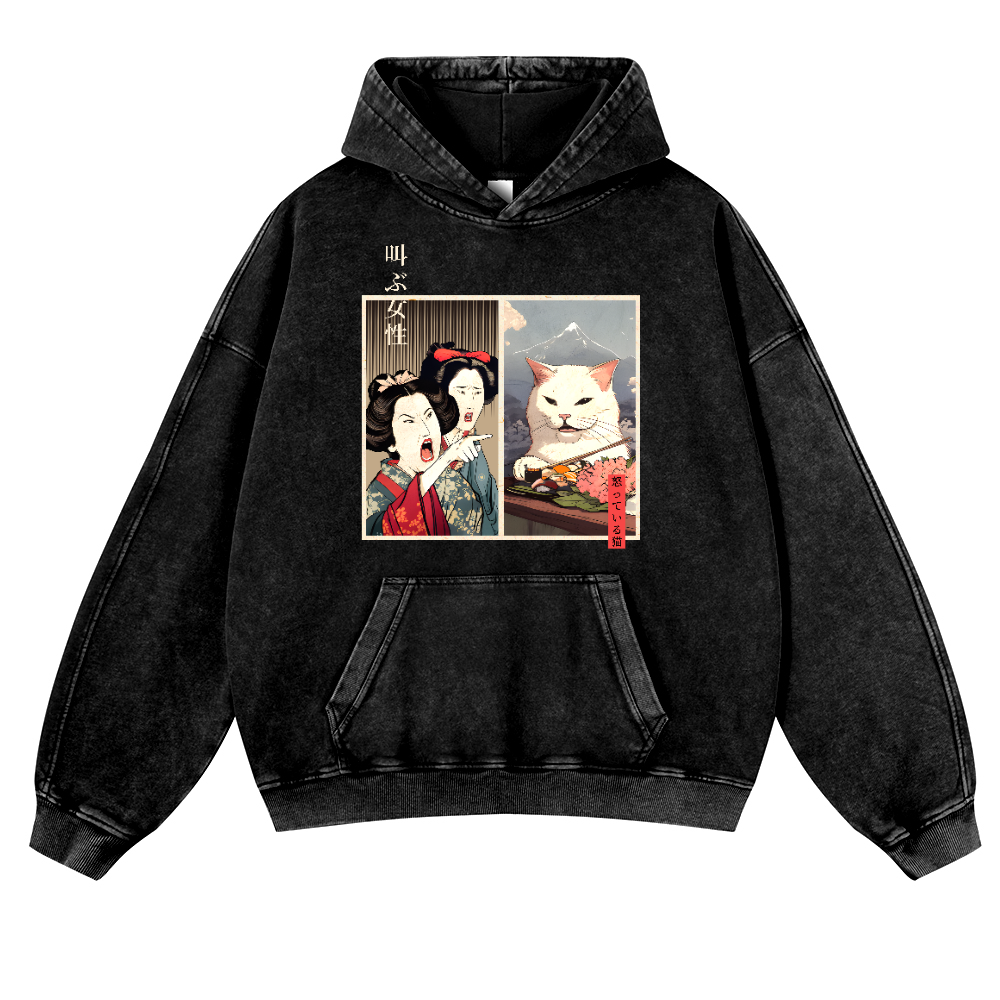 Women Yelling Cat Vintage Washed Thick Cotton Hoodie