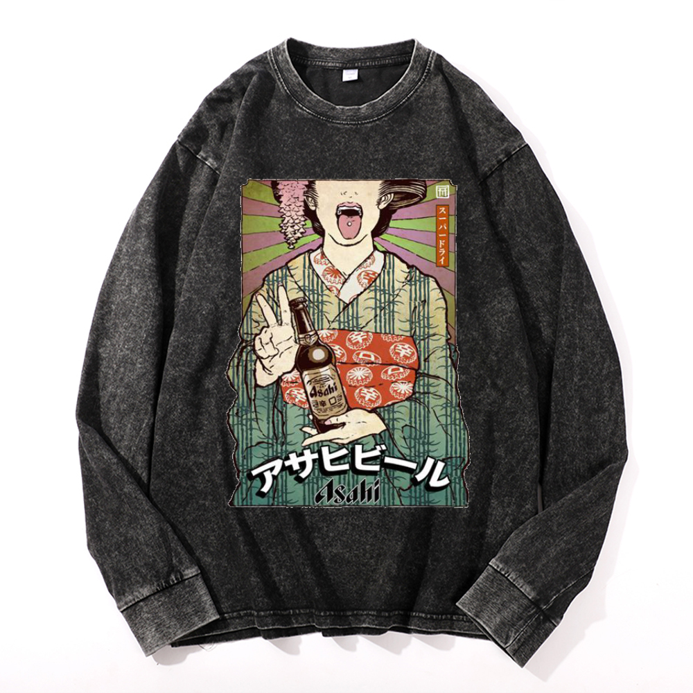 Asahi Breweries Vintage Cotton Wash Crewneck Long-Sleeve T-Shirt