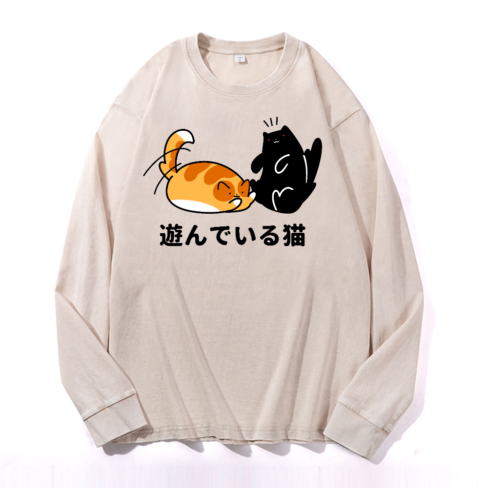 Cat Vintage Cotton Wash Crewneck Long-Sleeve T-Shirt