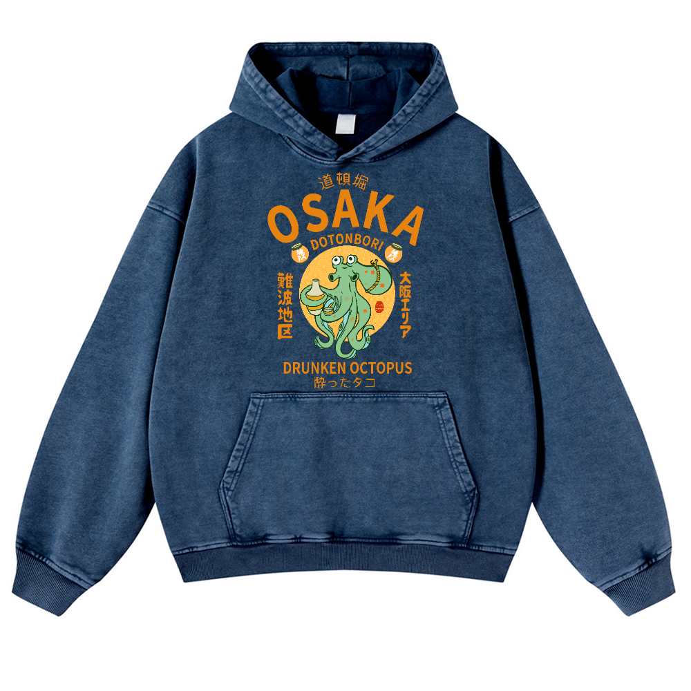Osaka Dotonbori Drunken Octopus Vintage Washed Thick Cotton Hoodie