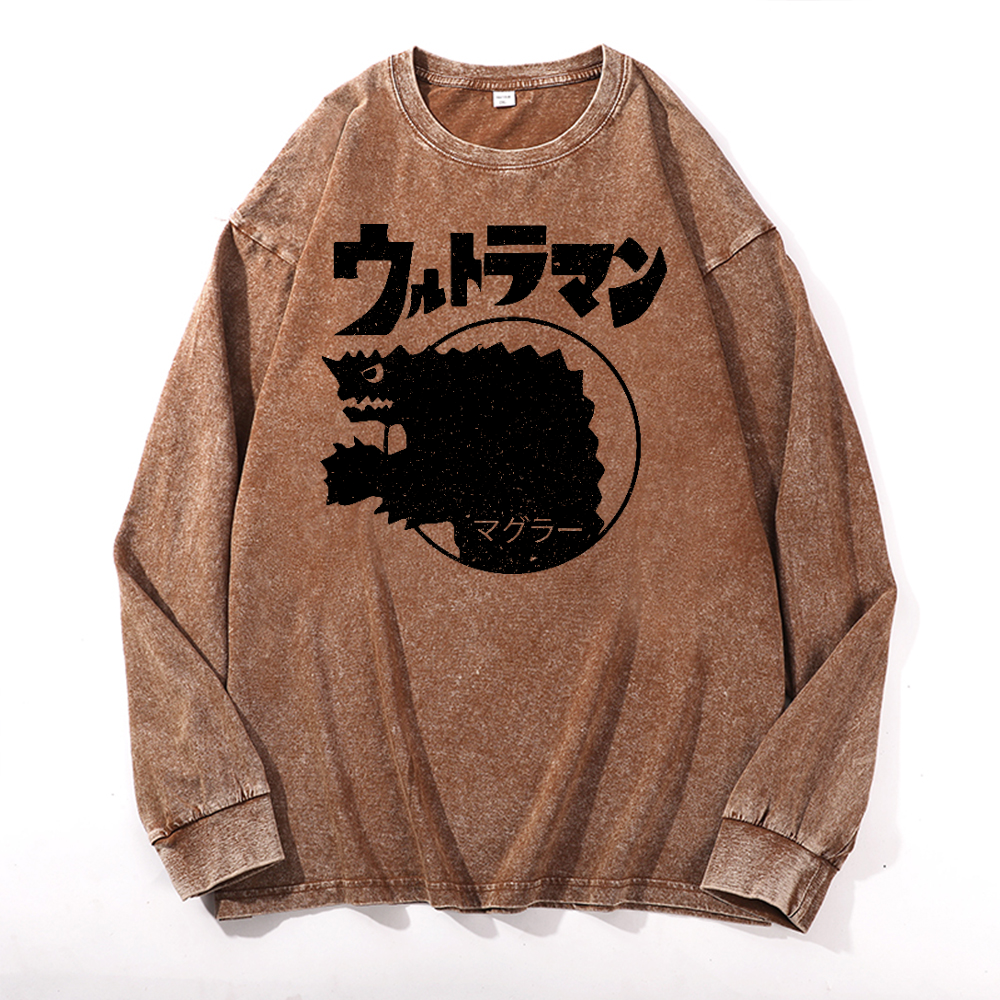 Magular Monster Vintage Cotton Wash Crewneck Long-Sleeve T-Shirt