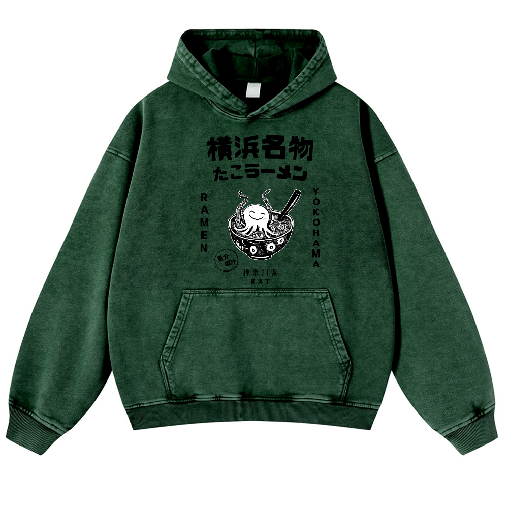 Yokohama Ramen Octopus Vintage Washed Thick Cotton Hoodie