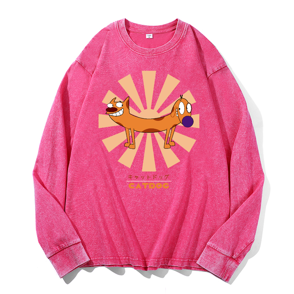 Catdog Vintage Cotton Wash Crewneck Long-Sleeve T-Shirt