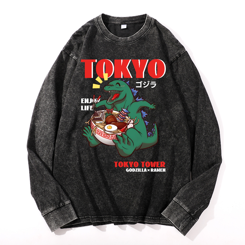 Tokyo Kaiju Ramen Vintage Cotton Wash Long-sleeve T-shirt