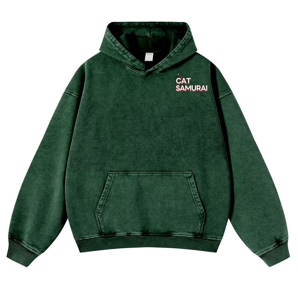 Cat Samurai Vintage Washed Cotton Back Art Hoodie