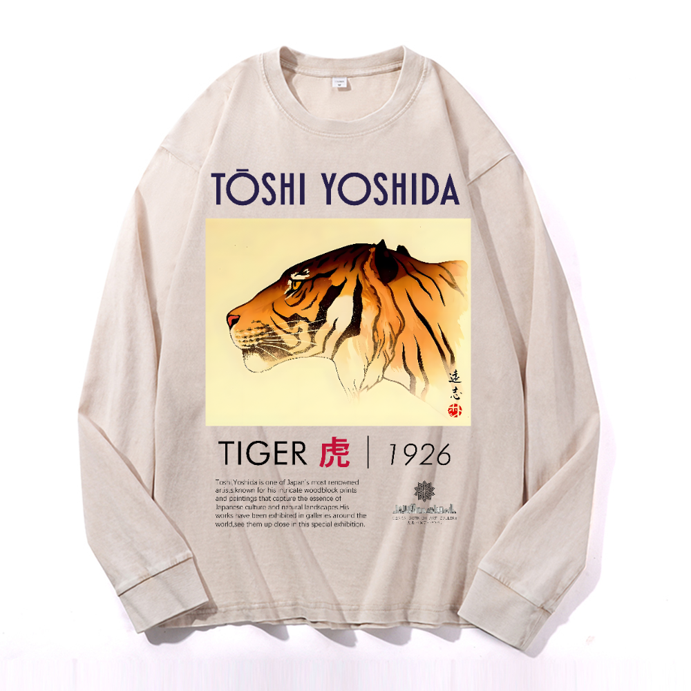Tiger Vintage Cotton Wash Crewneck Long-Sleeve T-Shirt