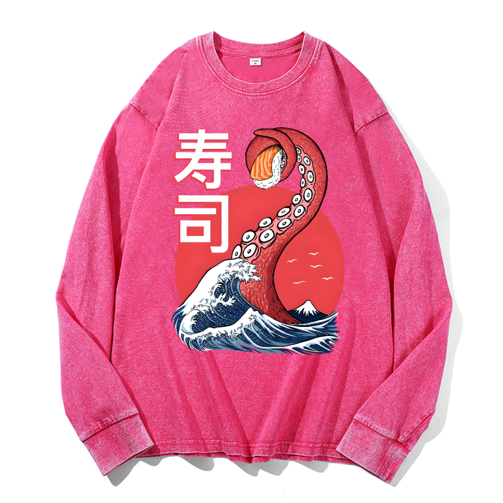 Sushi Octopus Vintage Cotton Wash Crewneck Long-Sleeve T-Shirt