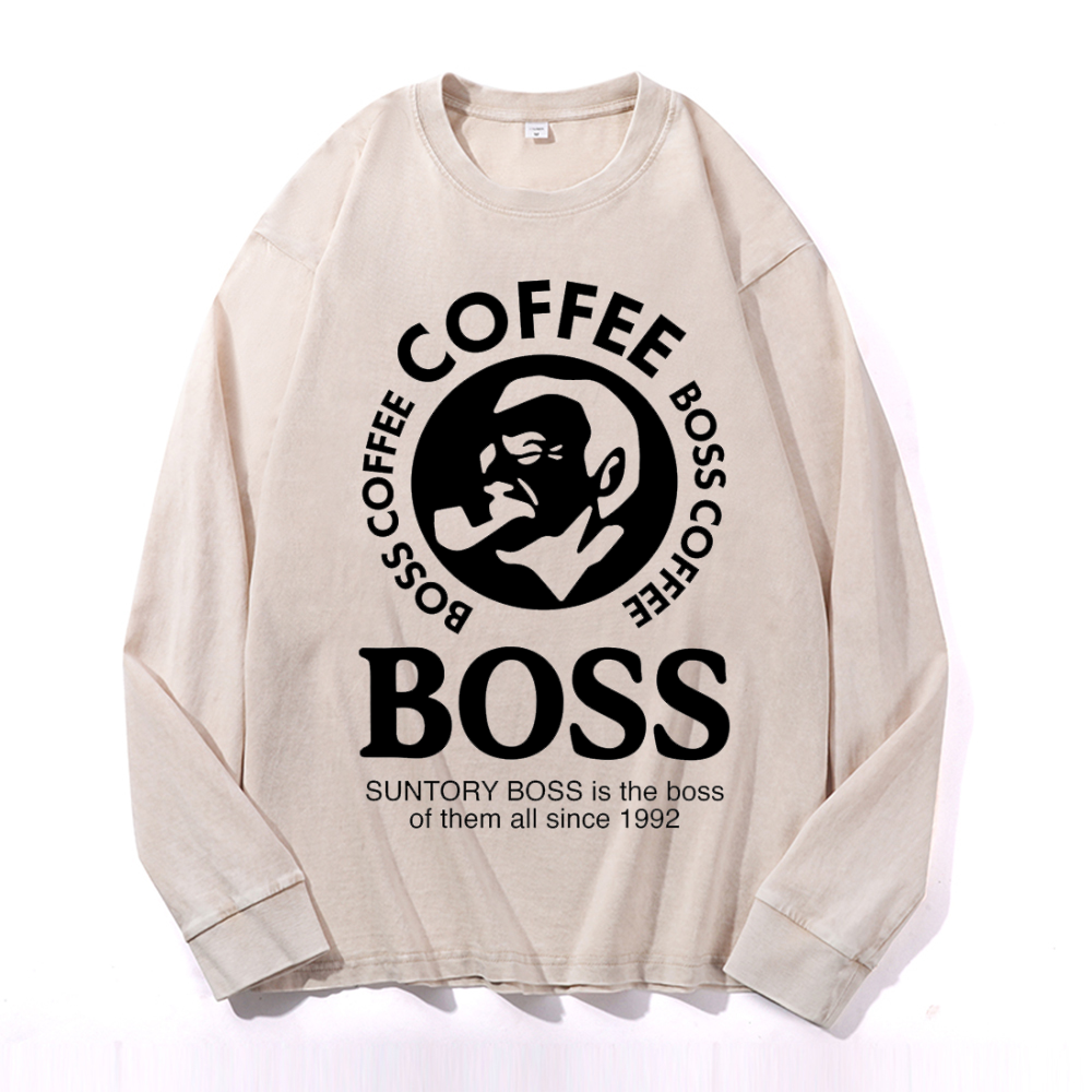 Coffee Boss Vintage Cotton Wash Crewneck Long-Sleeve T-Shirt