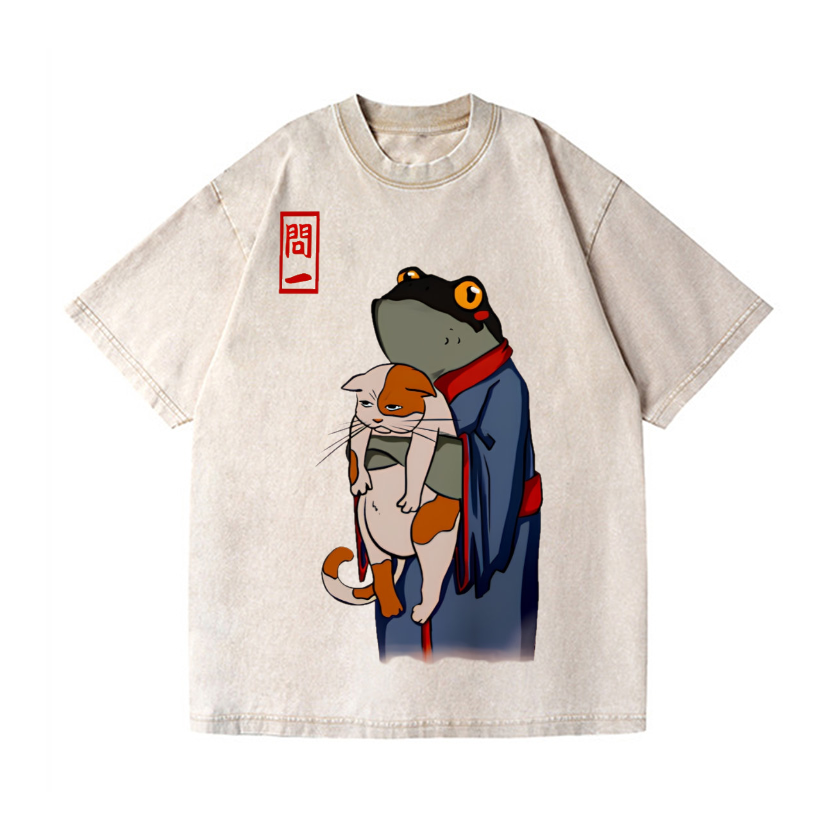 Frog and Cat Vintage Wash Japanese Design T-Shirt